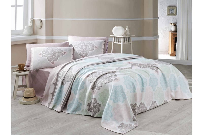 Päiväpeite Eponj Home Tupla 200x235+Lakana+2 tyynyliinaa - Valk/Turkoosi/Vihreä/Beige - Kodintekstiilit & matot - Vuodevaatteet - Päiväpeitto - Parisängyn päiväpeitto