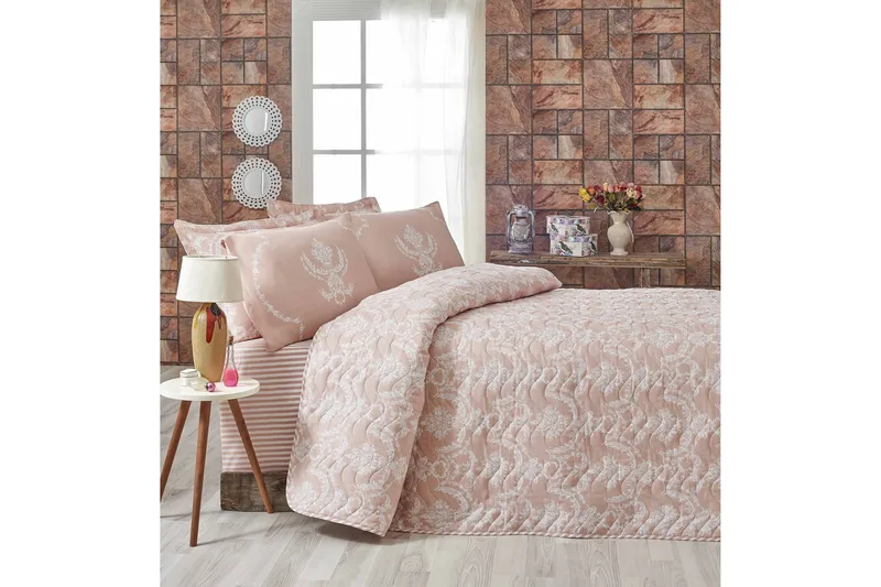 Päiväpeite Eponj Home Tupla 200x220+2 tyynyliinaa Tikattu, Roosa/Valkoinen