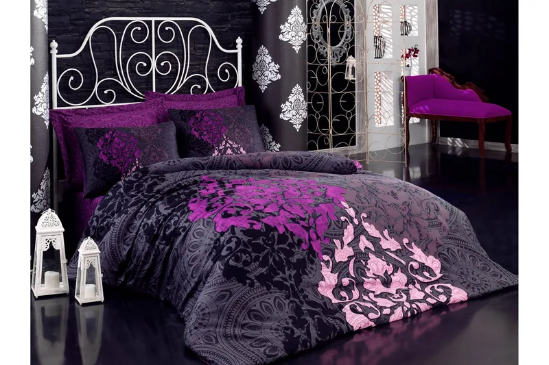 Pussilakanasetti Cotton Box Tupla 6-os Satiini, Viininpun/Liila/Roosa/Musta