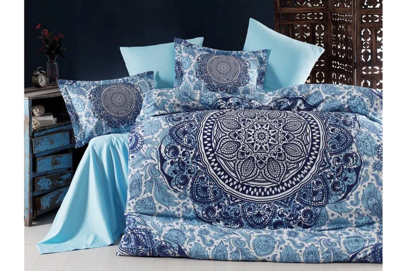 Pussilakanasetti Primacasa by Türkiz Tupla 6-os Satiini, Tummansininen/Valkoinen/Sin