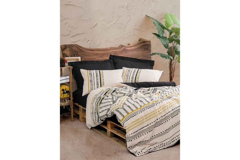 Ranforce-parisänkykoko täkkipeitesetti Calmere Musta / Valkoinen / Kulta - Kulta/Musta/Valkoinen - Kodintekstiilit & matot - Vuodevaatteet - Pussilakanasetti - Pussilakanasetti parisänkyyn