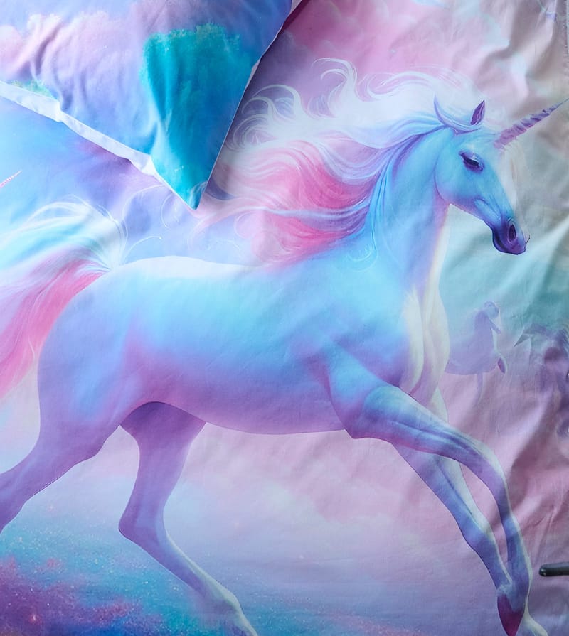 Yhden hengen pussilakanasetti 2-osainen Unicorns - Kodintekstiilit & matot - Vuodevaatteet - Pussilakanasetti - Pussilakanasetti yhden hengen sänkyyn