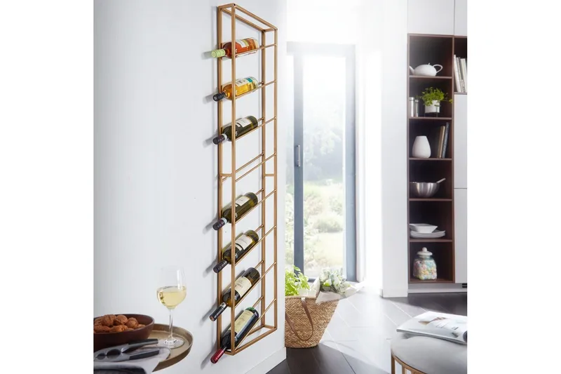 Viiniteline Wohnling seinään kiinnitettävä, tilaa 8 pullolle, jauhemaalattu metalli, teollinen loft-tyyli Kulta - Kulta - Säilytys - Hylly - Säilytyshylly - Viiniteline & viinihylly