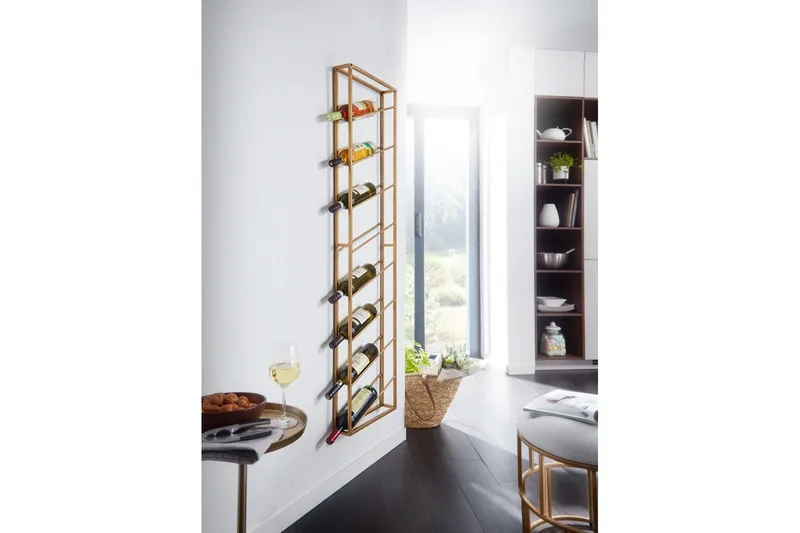 Viiniteline Wohnling seinään kiinnitettävä, tilaa 8 pullolle, jauhemaalattu metalli, teollinen loft-tyyli Kulta - Kulta - Säilytys - Hylly - Säilytyshylly - Viiniteline & viinihylly