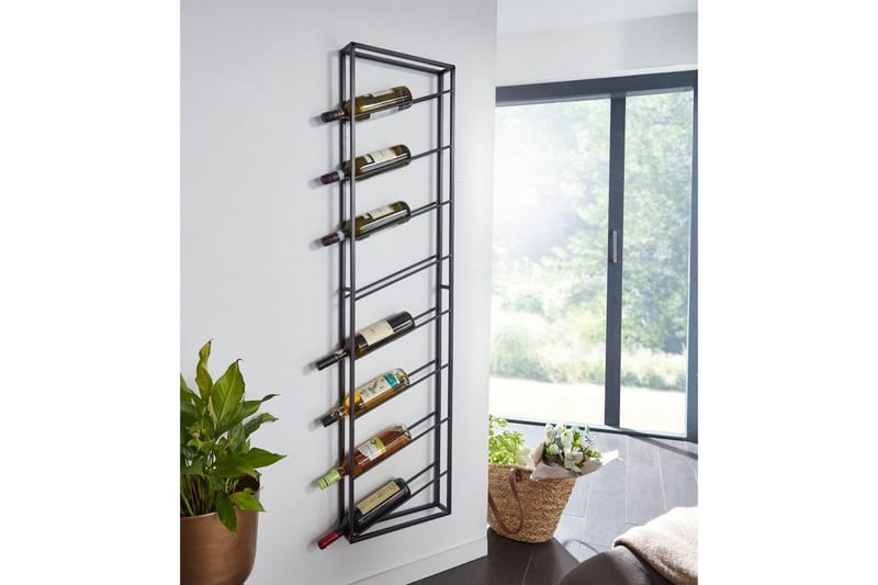 Viiniteline Wohnling seinään kiinnitettävä, tilaa 8 pullolle, jauhemaalattu metalli, teollinen loft-tyyli Musta - Musta - Kotitalous - Tarjoilu & kattaus - Kannut & karahvit - Lasipullo