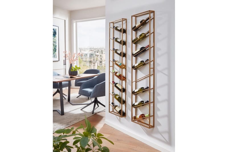 Viiniteline Wohnling seinään kiinnitettävä, tilaa 8 pullolle, jauhemaalattu metalli, teollinen loft-tyyli Kulta - Kulta - Säilytys - Hylly - Säilytyshylly - Viiniteline & viinihylly