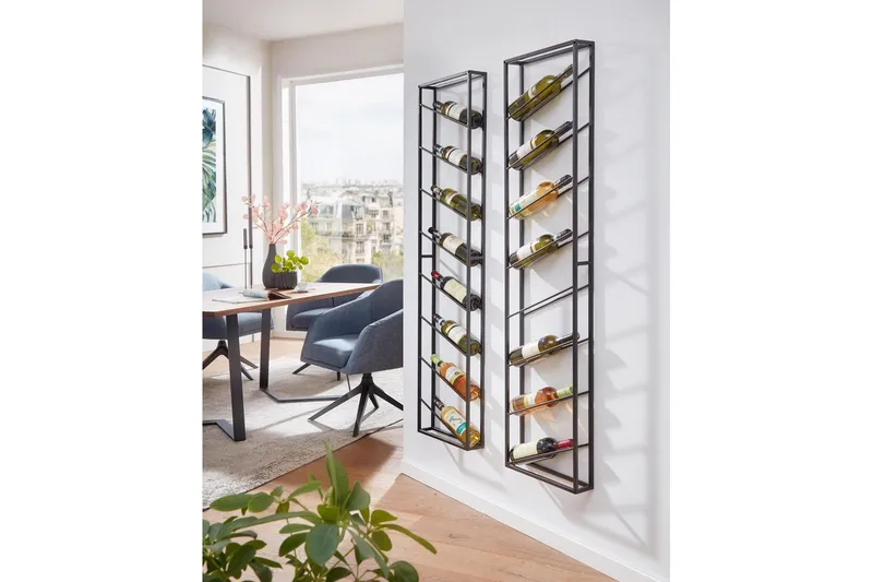 Viiniteline Wohnling seinään kiinnitettävä, tilaa 8 pullolle, jauhemaalattu metalli, teollinen loft-tyyli Musta - Musta - Kotitalous - Tarjoilu & kattaus - Kannut & karahvit - Lasipullo