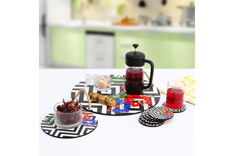 Puutarjotin ja lasinaluset 8-pak - Monivärinen - Kotitalous - Tarjoilu & kattaus - Tarjotin & tarjoiluvati