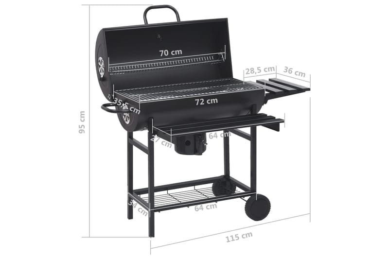 Tynnyrigrilli renkailla ja hyllyillä musta teräs 115x85x95cm - Piha & ulkoaltaat - Grillaus - Hiiligrilli