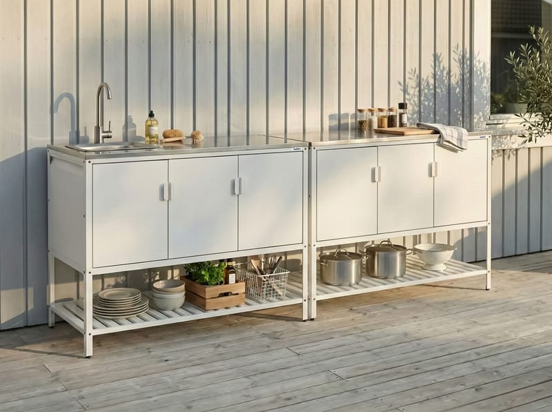 2-osainen ulkokeittiö altaalla Maenza Teräs - Valkoinen/musta - Piha & ulkoaltaat - Grillaus - Ulkokeittiö - Valmis ulkokeittiö