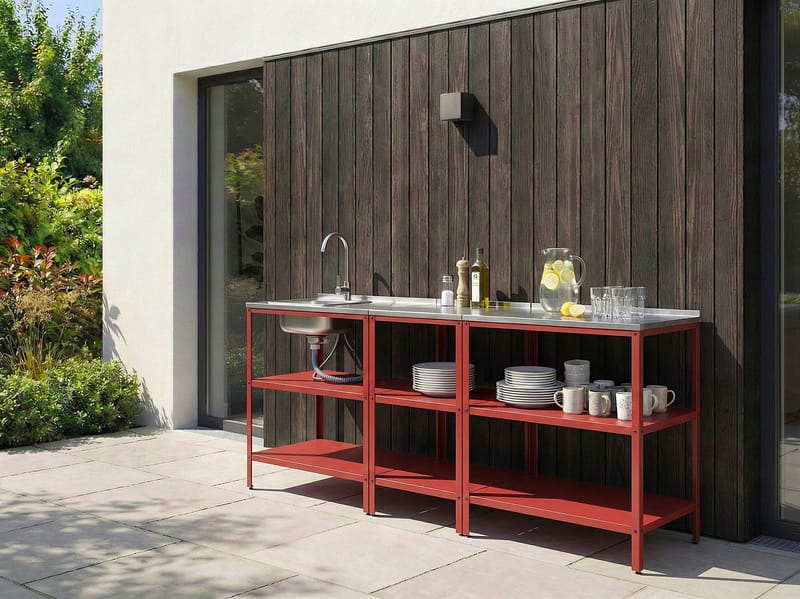 3-osainen ulkokeittiö altaalla Vilama Teräs - Punainen/Hopea - Piha & ulkoaltaat - Grillaus - Ulkokeittiö - Valmis ulkokeittiö