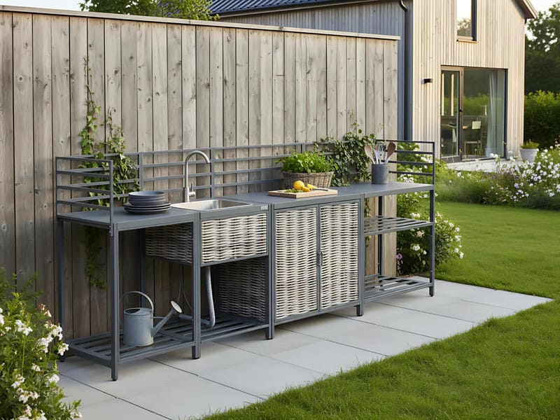 4-osainen ulkokeittiö altaalla Mirador polyrottinki - Harmaa/Beige - Piha & ulkoaltaat - Grillaus - Ulkokeittiö - Valmis ulkokeittiö