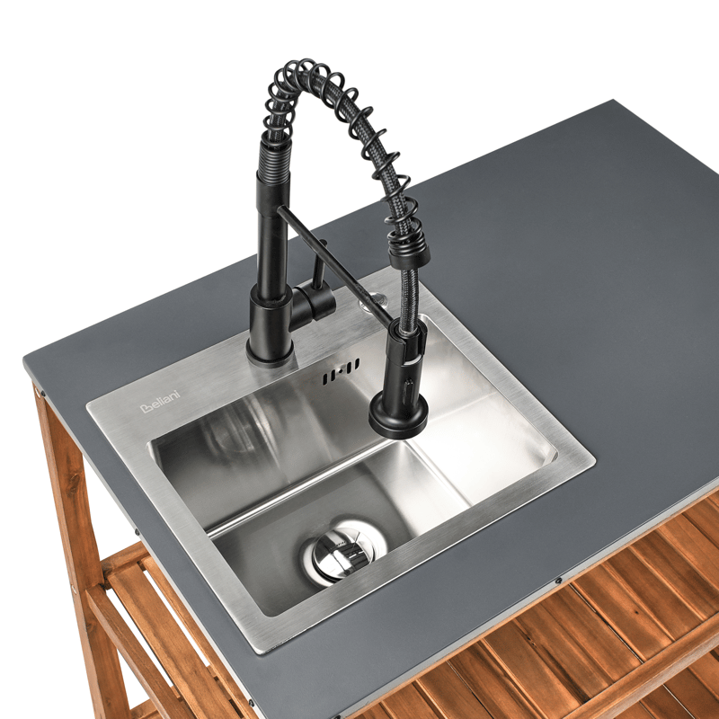 Keittiösaareke altaalla ulkokäyttöön Brucoli akaasiapuu - Ruskea/harmaa/musta/hopea - Piha & ulkoaltaat - Grillaus - Ulkokeittiö - Valmis ulkokeittiö