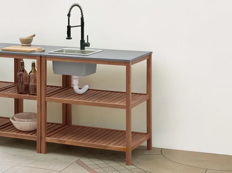 Keittiösaareke altaalla ulkokäyttöön Brucoli akaasiapuu - Ruskea/harmaa/musta/hopea - Piha & ulkoaltaat - Grillaus - Ulkokeittiö - Valmis ulkokeittiö