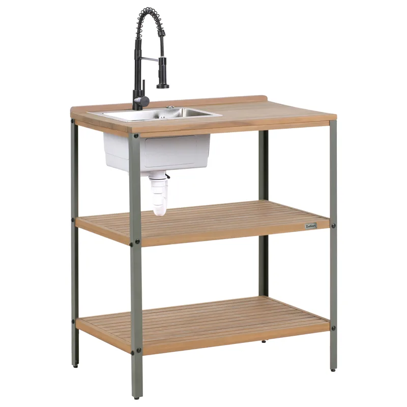 Keittiösaareke altaalla ulkokäyttöön Ivrea akaasiapuu, Ruskea/Harmaa/Musta