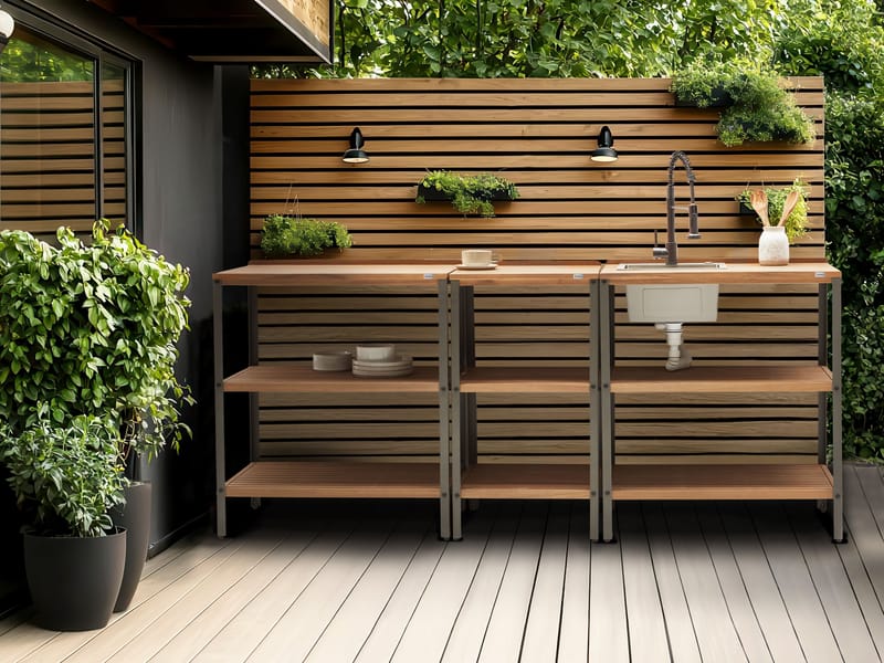 Keittiösaareke altaalla ulkokäyttöön Ivrea akaasiapuu - Ruskea/Harmaa/Musta - Piha & ulkoaltaat - Grillaus - Ulkokeittiö - Valmis ulkokeittiö