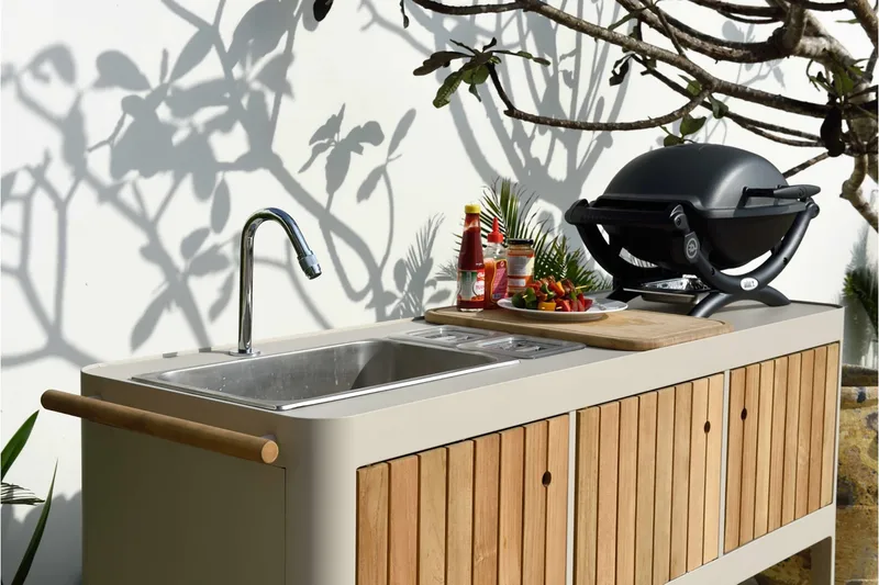 Ulkokeittiö Portals 174 cm - Valkoinen/Puu - Piha & ulkoaltaat - Grillaus - Ulkokeittiö - Valmis ulkokeittiö