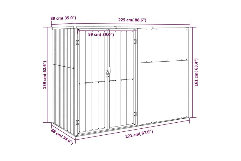 Puutarhan työkaluvaja ruskea 225x89x161 cm galvanoitu teräs - Ruskea - Piha & ulkoaltaat - Lasiterassi & pihamökki - Varastot & liiterit - Varastot