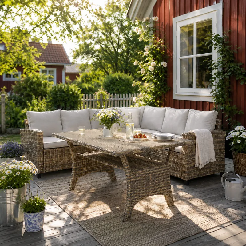 James Light Suuri L-muotoinen Käännettävä Ulkolounge-ryhmä Polyrottingista Säilytystilalla ja Valkoisilla Pehmusteilla - Luonnonvärinen - Puutarhakalusteet - Terassiryhmät - Oleskeluryhmät
