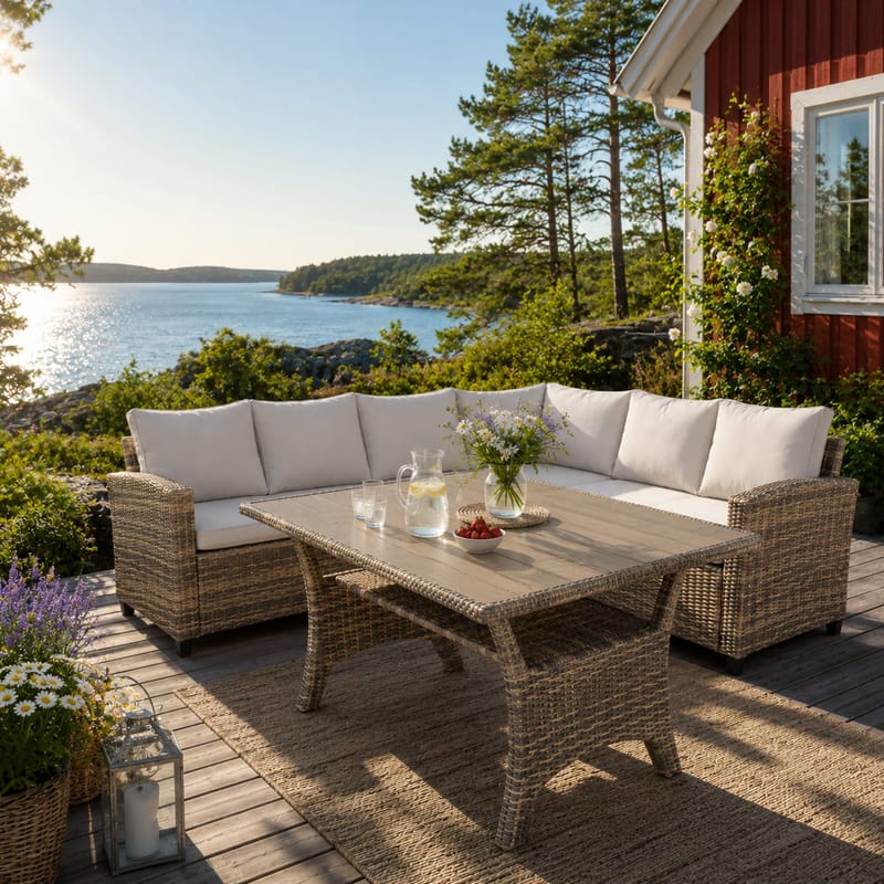 James Light Suuri L-muotoinen Käännettävä Ulkolounge-ryhmä Polyrottingista Säilytystilalla ja Valkoisilla Pehmusteilla - Luonnonvärinen - Puutarhakalusteet - Terassiryhmät - Oleskeluryhmät