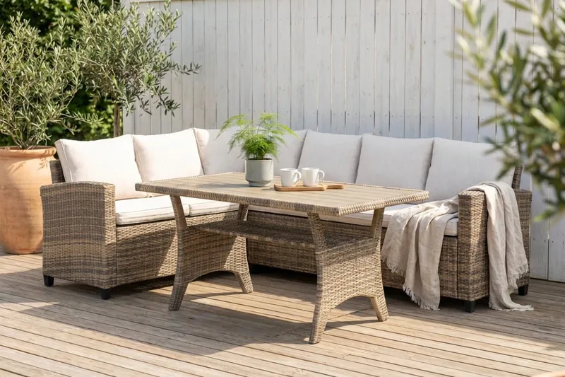 James Light Suuri L-muotoinen Käännettävä Ulkolounge-ryhmä Polyrottingista Säilytystilalla ja Valkoisilla Pehmusteilla - Luonnonvärinen - Puutarhakalusteet - Terassiryhmät - Oleskeluryhmät