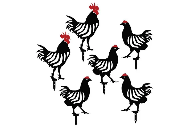 Koristeellinen puutarhan metallinen tarviksetti Kana-perhe Musta Kuusi kappaletta, Kuusi kappaletta