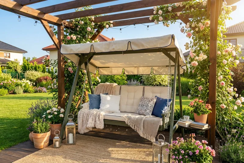 Landet Hammock Keinusohva katoksella akaasiapuuta sisältää tyynyt 195x125x159 - Tummanvihreä - Puutarhakalusteet - Ulkosohva & puutarhapenkki - Pihakeinu & puutarhakeinu