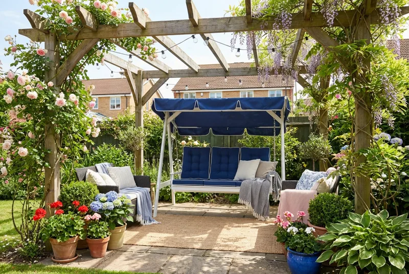 Landet Hammock Keinusohva katoksella akaasiapuuta sisältää tyynyt 195x125x159 - Valkoinen - Puutarhakalusteet - Ulkosohva & puutarhapenkki - Pihakeinu & puutarhakeinu