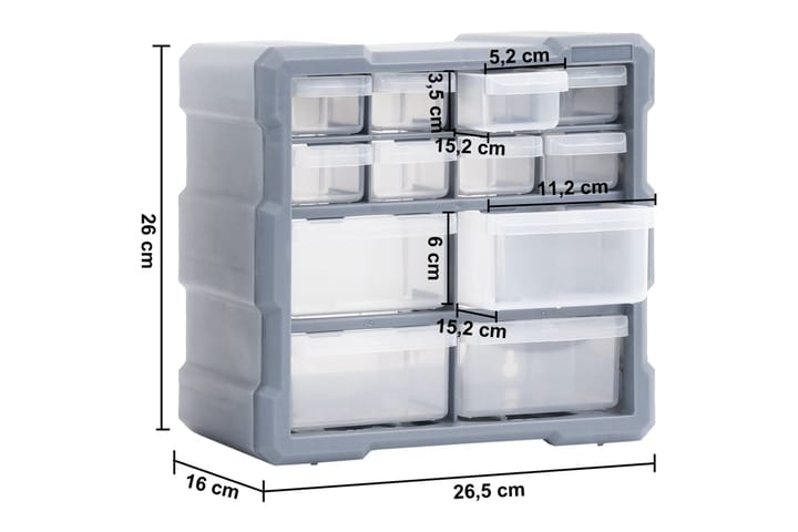 Monilaatikko järjestelijä 12 laatikolla 2 kpl 26,5x16x26 cm - Harmaa - Autotallin sisustus & säilytys - Tarvikkeiden säilytys