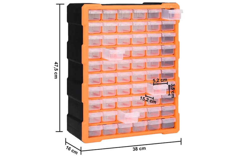 Monilaatikko järjestelijä 60 laatikolla 38x16x47,5 cm - Oranssi - Autotallin sisustus & säilytys - Tarvikkeiden säilytys