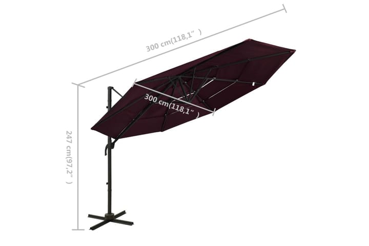 4-tasoinen aurinkovarjo alumiinitanko viininpunainen 3x3 m - Aurinkovarjo