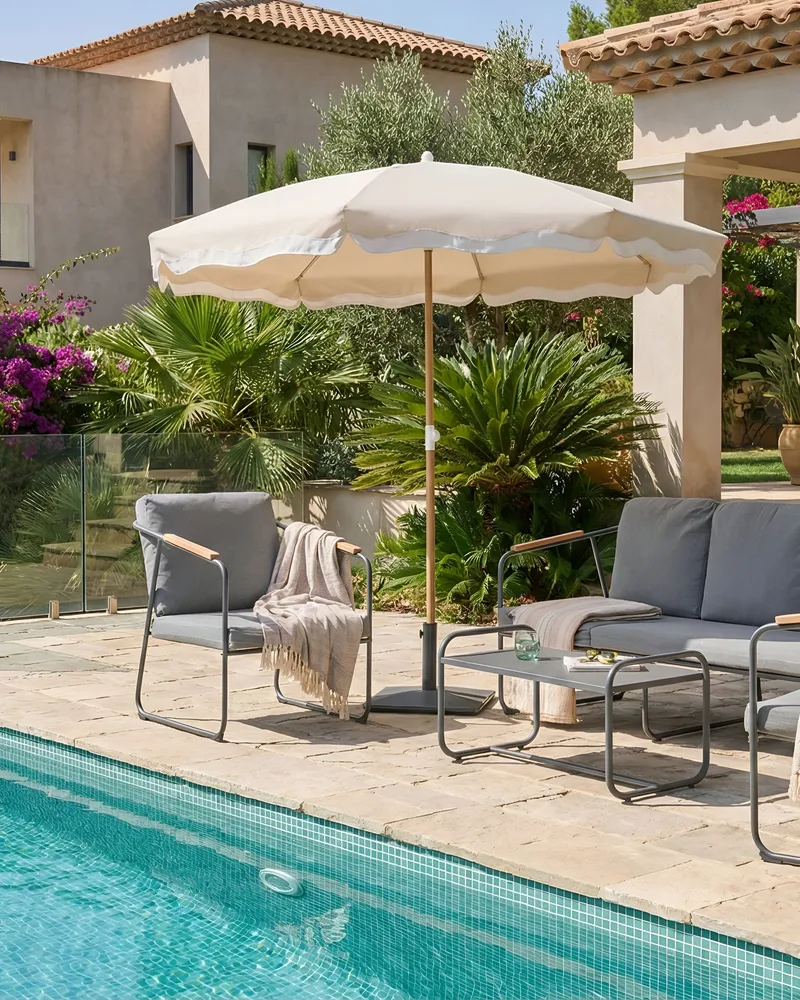 Aurinkovarjo ulos 232 cm Sestriere - beige/valkoinen/ruskea - Puutarhakalusteet - Aurinkosuoja - Aurinkovarjo - Parvekevarjo