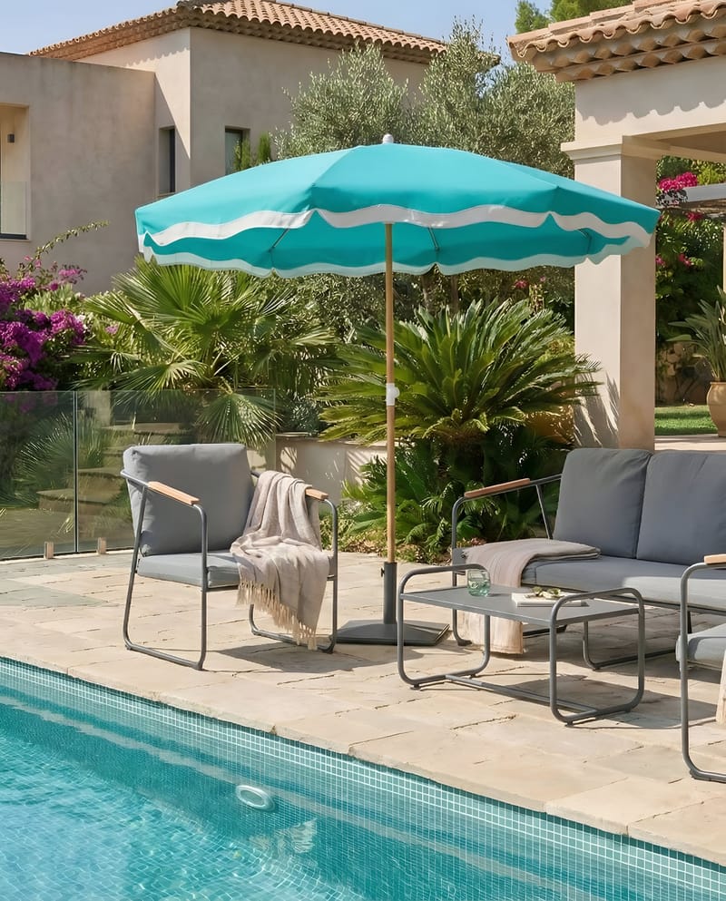 Aurinkovarjo ulos 232 cm Sestriere - sininen/valkoinen/ruskea - Puutarhakalusteet - Aurinkosuoja - Aurinkovarjo - Parvekevarjo