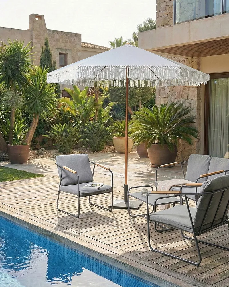 Aurinkovarjo ulos 258 cm Murasa - valkoinen/ruskea - Puutarhakalusteet - Aurinkosuoja - Aurinkovarjo - Parvekevarjo