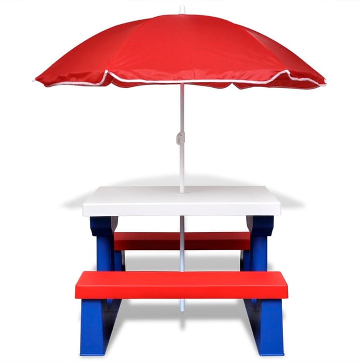 Lasten piknikpöytä penkeillä ja aurinkovarjolla monivärinen - Monivärinen - Aurinkovarjo