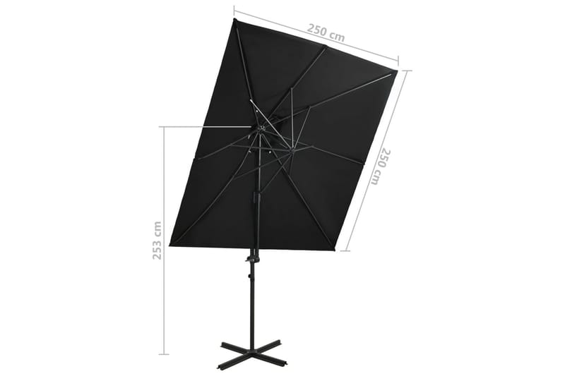Riippuva aurinkovarjo tuplakatolla musta 250x250 cm - Puutarhakalusteet - Aurinkosuoja - Aurinkovarjo