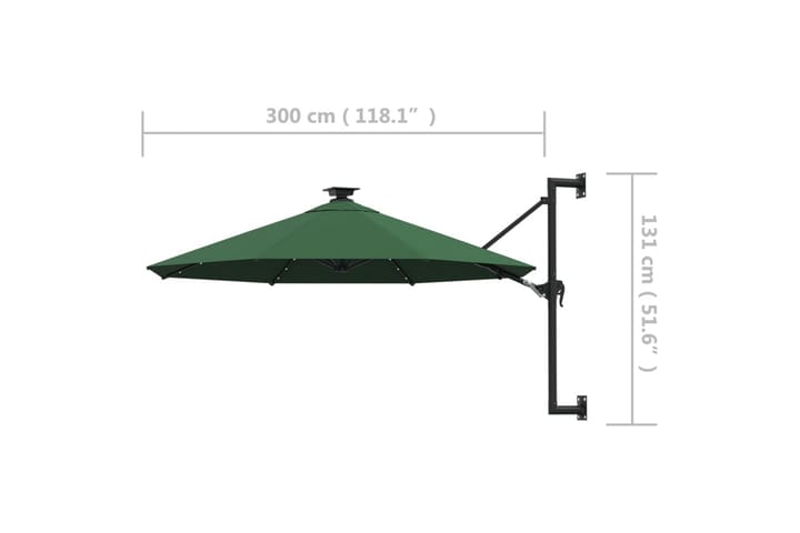 Seinäkiinnitteinen aurinkovarjo LED ja tolppa 300 cm vihreä - Aurinkovarjo