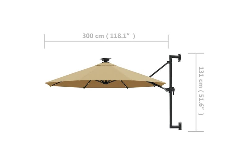 Seinäkiinnitteinen aurinkovarjo LED ja tolppa 300 cm - Puutarhakalusteet - Aurinkosuoja - Aurinkovarjo