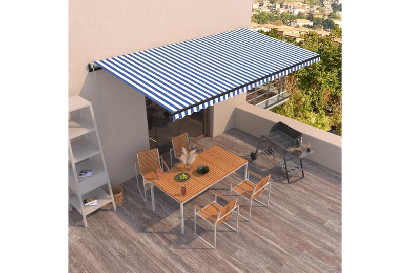 Automaattisesti sisäänkelattava markiisi 600x350cm sinivalk. - Puutarhakalusteet - Aurinkosuoja - Markiisi
 - Terassimarkiisi