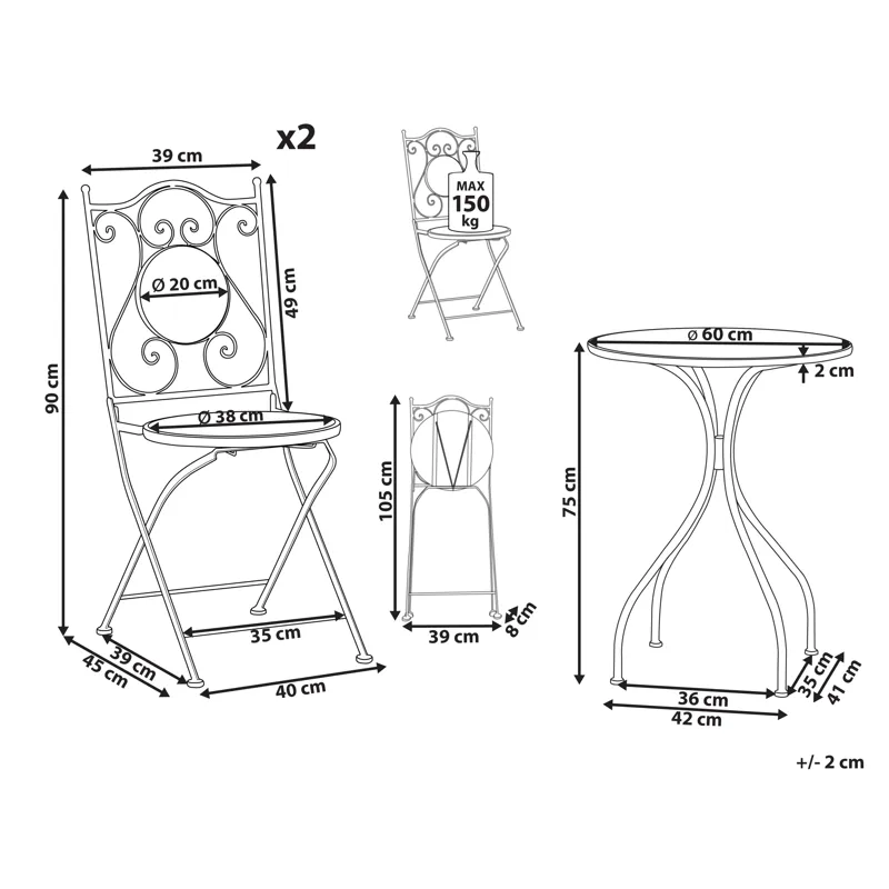 Kahvilasetti ulos taitettava Chapeco Rauta - Musta/sininen/valkoinen - Puutarhakalusteet - Parveke - Parvekekalusteet - Parvekesetti