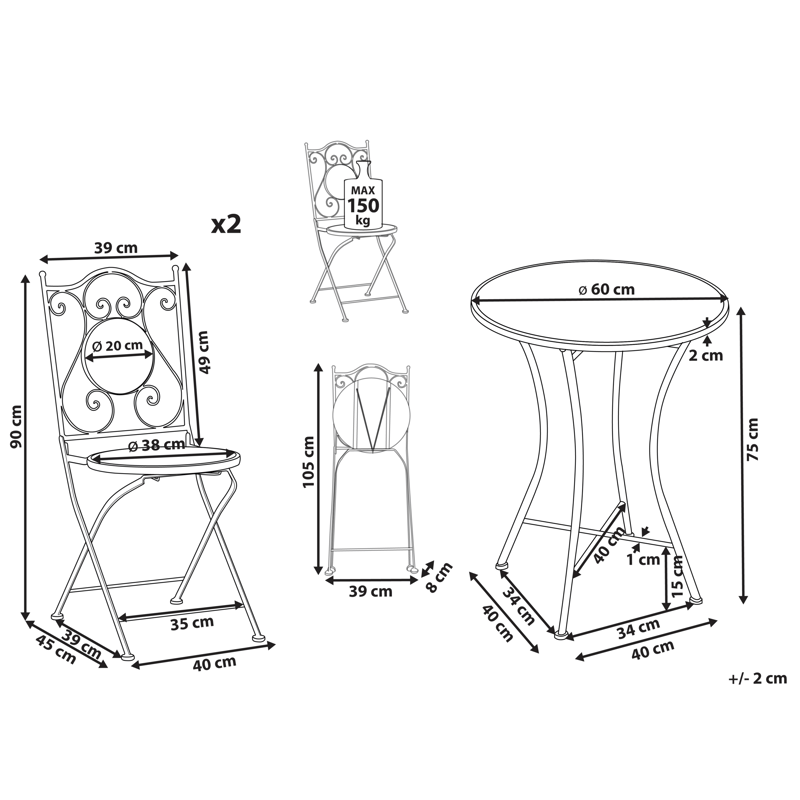 Kahvilasetti ulos taitettava Comiso Rauta - Musta/Valkoinen - Puutarhakalusteet - Parveke - Parvekekalusteet - Parvekesetti
