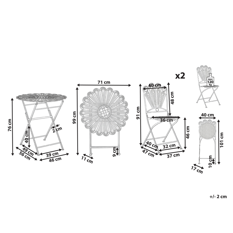 Kahvilasetti ulos taitettava Pavia Rauta - Valkoinen - Puutarhakalusteet - Parveke - Parvekekalusteet - Parvekesetti