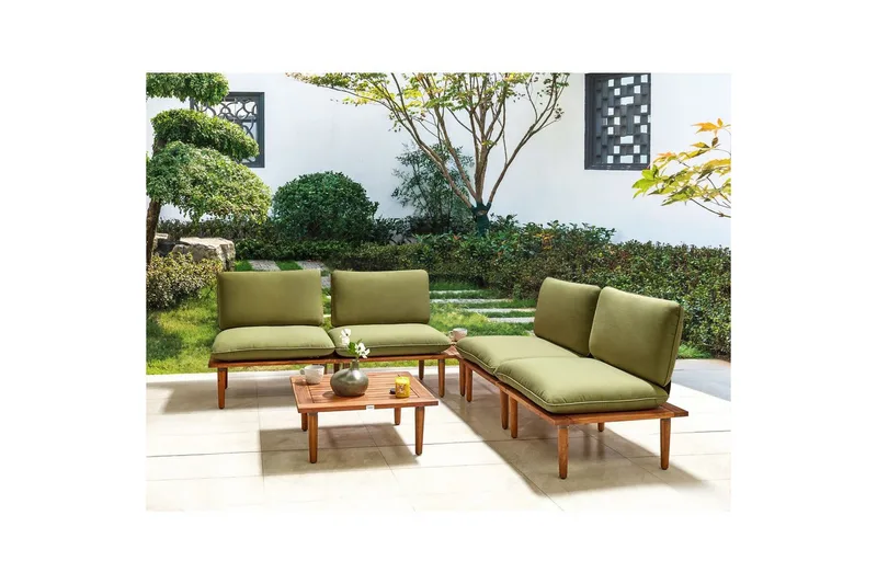 Loungegrupp med bord Beliani Frascati Grönt/ljust trä, 4-Sits Green||Light wood - Puutarhakalusteet - Terassiryhmät - Oleskeluryhmät