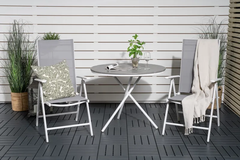 Parvekeryhmä Parma Pyöreä 90 cm 2 Break säätötuolia - Valkoinen/Harmaa - Puutarhakalusteet - Parveke - Parvekekalusteet - Parvekesetti