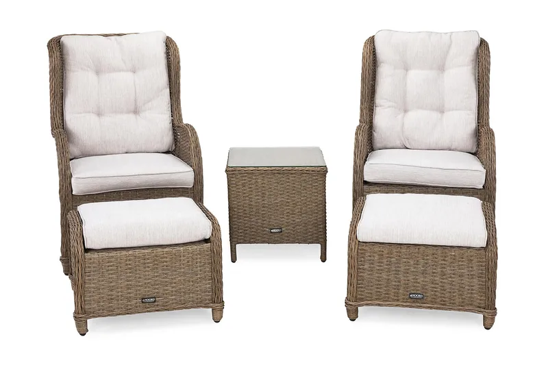 Caféryhmä Marcus + Nojatuolit jalkarahilla + pehmusteet - Luonnonväri - Puutarhakalusteet - Parveke - Parvekekalusteet - Parvekesetti