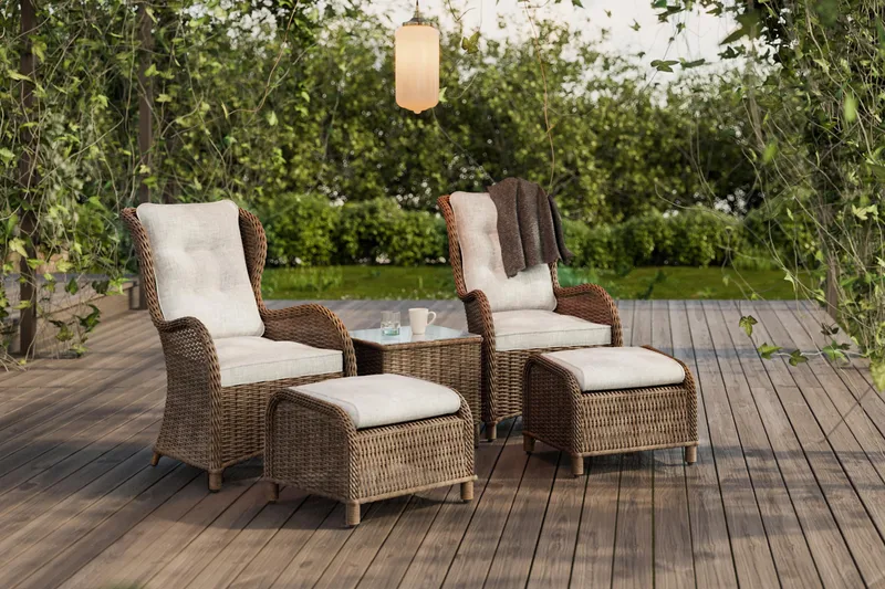 Caféryhmä Marcus + Nojatuolit jalkarahilla + pehmusteet - Luonnonväri - Puutarhakalusteet - Parveke - Parvekekalusteet - Parvekesetti