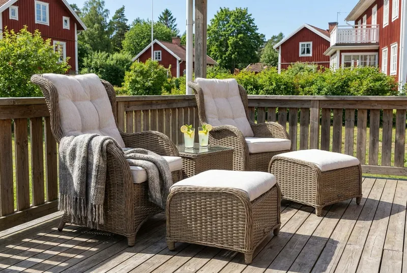 Caféryhmä Marcus + Nojatuolit jalkarahilla + pehmusteet - Luonnonväri - Puutarhakalusteet - Parveke - Parvekekalusteet - Parvekesetti