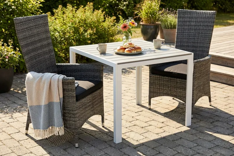 Ruokailuryhmä Tunis 90x90 2 Jenny säätötuolia Pehmusteet - Valkoinen/Harmaa/Musta - Puutarhakalusteet - Parveke - Parvekekalusteet - Parvekesetti