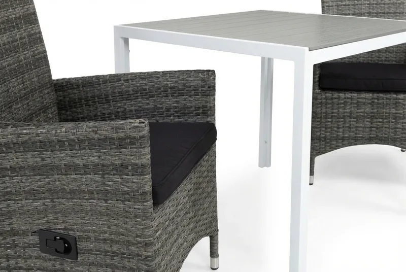 Ruokailuryhmä Tunis 90x90 2 Jenny säätötuolia Pehmusteet - Valkoinen/Harmaa/Musta - Puutarhakalusteet - Parveke - Parvekekalusteet - Parvekesetti