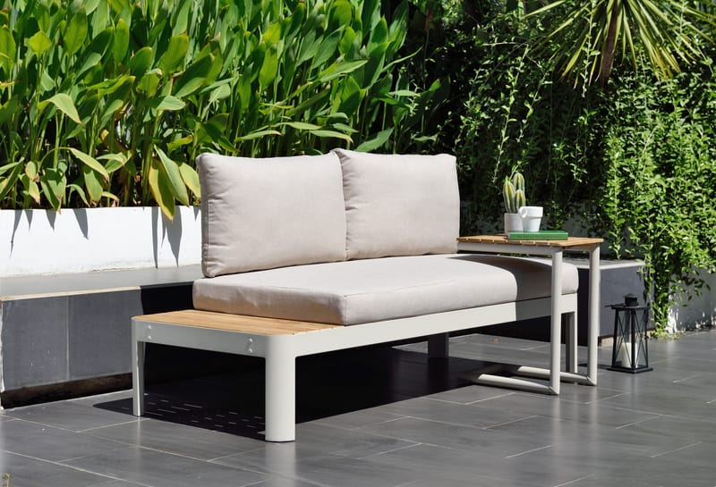 Portals Ulkomodulisetti 2-istuttava sohva + C-muotoinen sivupöytä - Beige/Puu - Puutarhakalusteet - Parveke - Parvekekalusteet - Parvekesetti